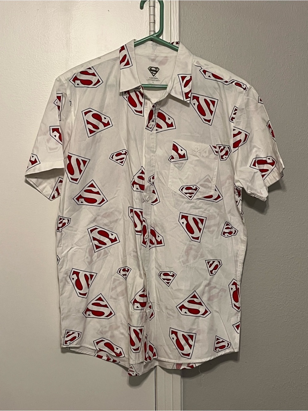 Superman DC Comics Mens White Graphic Print Woven Cotton Button-Up Shirt L
